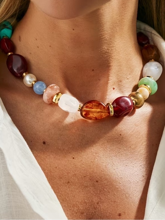 Big Jewelry Co Jewelry - Multicolor Resin & Glass Bead Collar Necklace with Gold Accents
